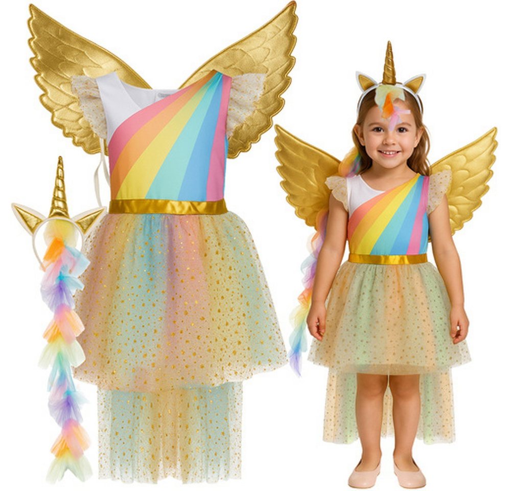 KRUZZEL Kostüm Kinderkostüm Einhornkostüm Fasching, Enthält Kleid, goldene Flügel und Stirnband mit Einhornhorn