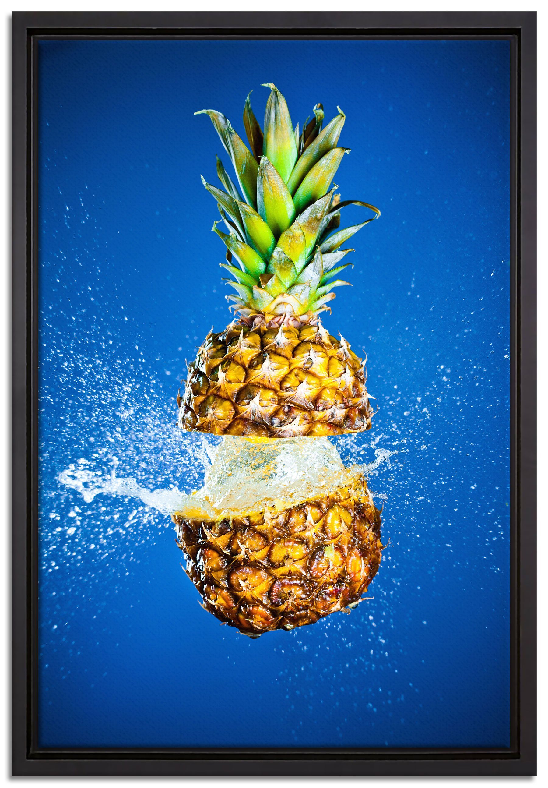 Ananas (1 inkl. fertig bespritzt, Wanddekoration Wasser Zackenaufhänger einem Pixxprint bespannt, St), gefasst, mit Leinwandbild in Schattenfugen-Bilderrahmen Leinwandbild