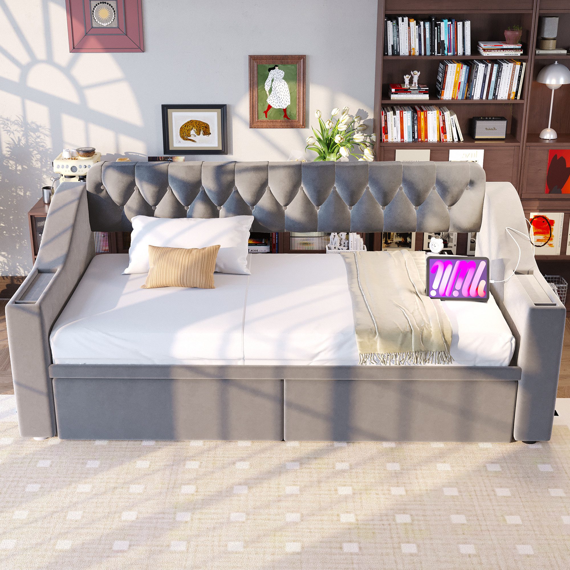 Odikalo Schlafsofa Schlafcouch 90x190 mit Lattenrost & USB, Polsterbett Schlafsofa, 90/180*190 cm, Breitere und Dickere Armlehnen mit USB-Ladeanschluss, Integrierte Ablage in den Armlehnen, Mit Ablagetaschen, Mit Lattenrost, Samtstoff, Grau / Beige