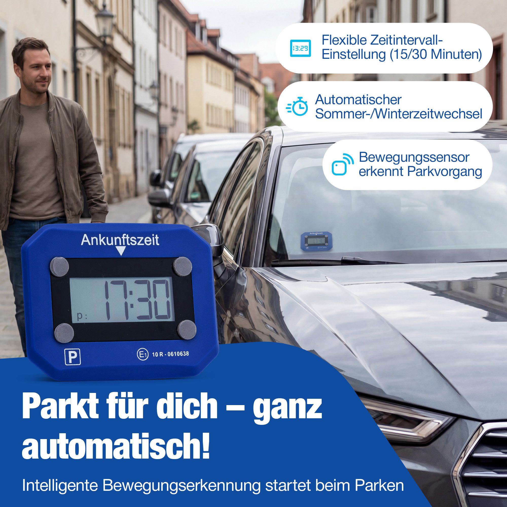 NTG Nutzfahrzeug Technik GmbH elektronische Parkscheibe E1 mit KBA-Zulassung für DE, automatische Parkscheibe (Automatik-Erkennung, Digitale Zeitanzeige)