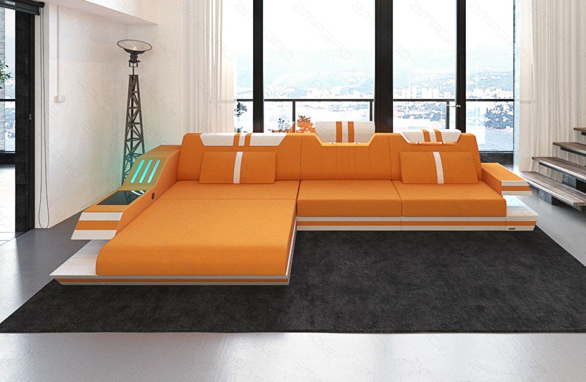 Polster wahlweise Ecksofa Bettfunktion M Ecksofa apricot-weiß Couch Sofa Ravenna mit Stoff, Mikrofaser Form Dreams L Stoffsofa