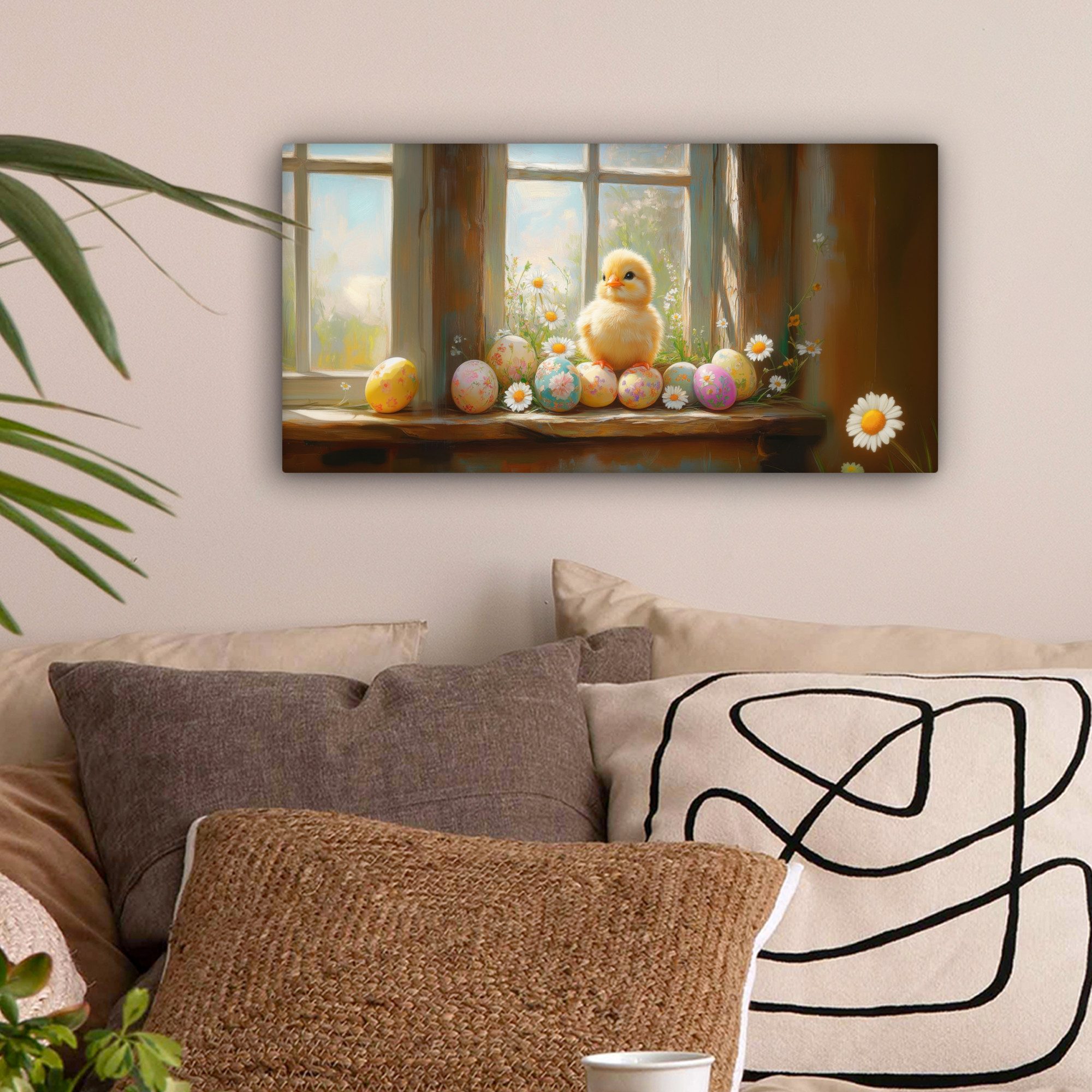OneMillionCanvasses® Leinwandbild Panorama Küken - Fenster - Ostereier - Ostern Deko, Fotodruck (1 St), Wandbild, Deko Schlafzimmer Wohnzimmer Flur 40x20 cm