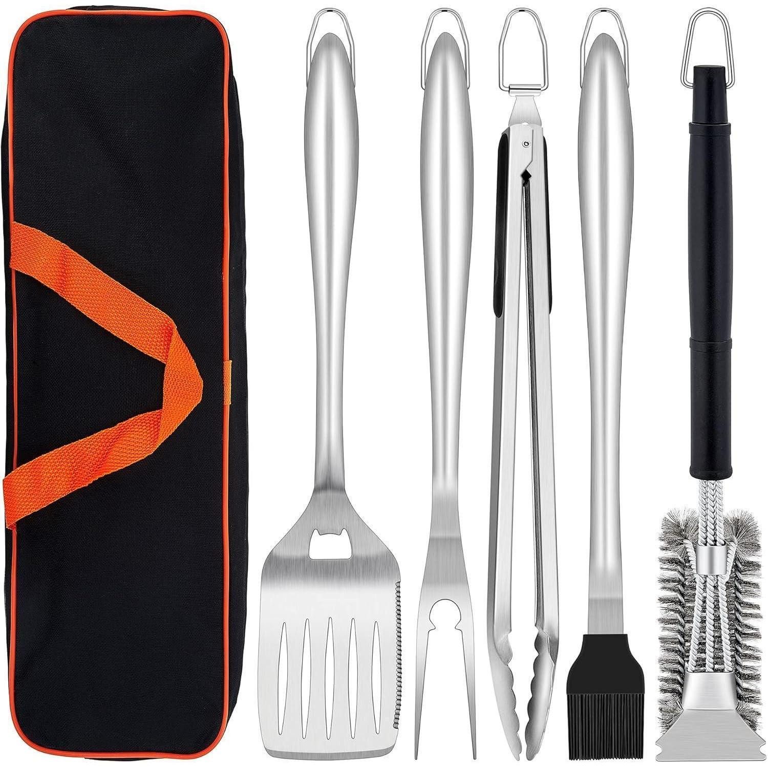 LuxusKollektion Grillbesteck-Set Grillbesteck Set 6-teilig Edelstahl mit Tragetasche Zange Wender Gabel