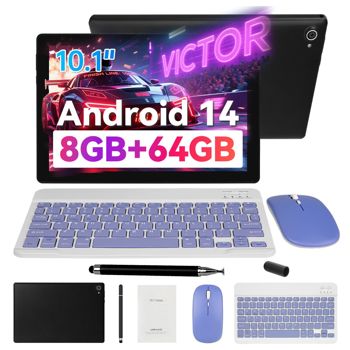BUFO Android 14-Tablet,8 GB RAM,64 GB, Erweiterbar auf 1 TB,10 Zoll HD Tablet (10", 64 GB, Android, 2,4G/5G WiFi, Octa Core Prozessor, Widevine L1, mit Tastatur, Maus und Stylus)