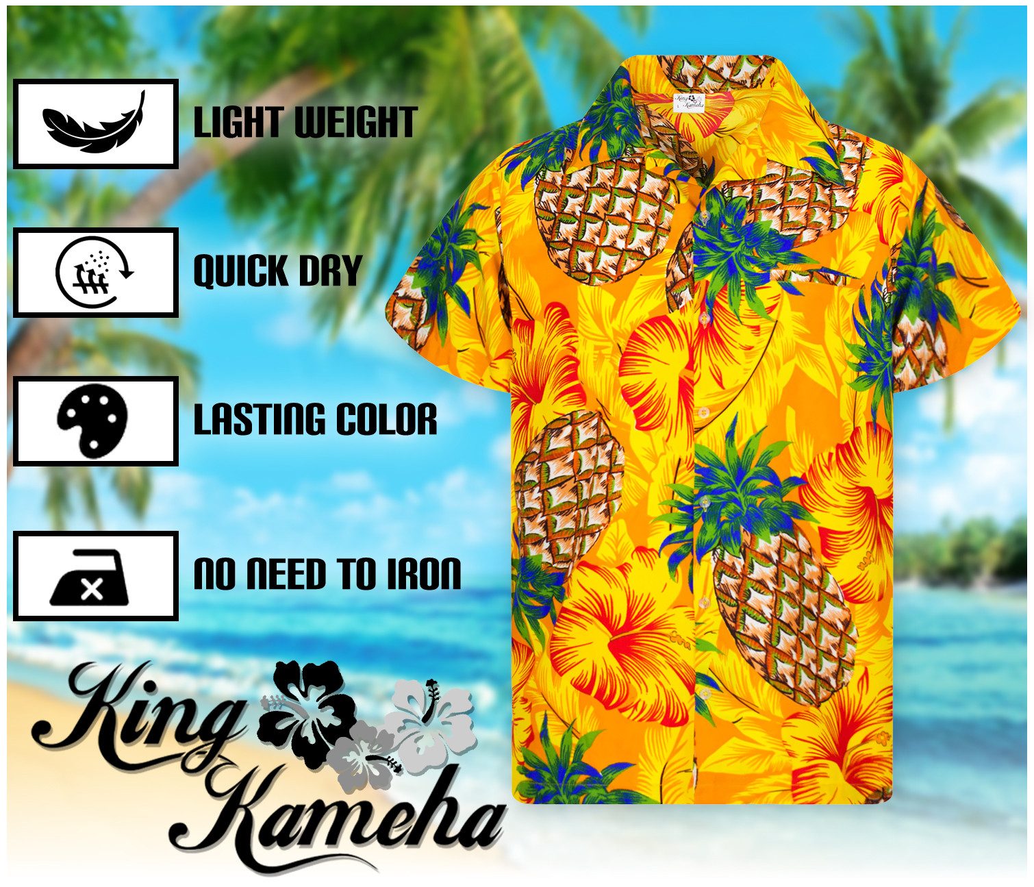 King Kameha Hawaiihemd Pineapple Hibiscus Funky Hawaii-Hemd Kurzarm Front-Tasche Unisex – Bild 5 von 5