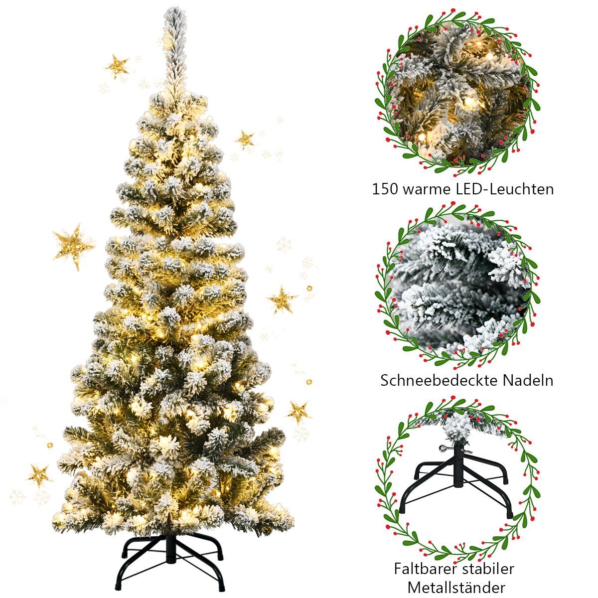 COSTWAY Künstlicher Weihnachtsbaum, 135cm, 150 warmweiße LEDs, 242 PVC Nadeln