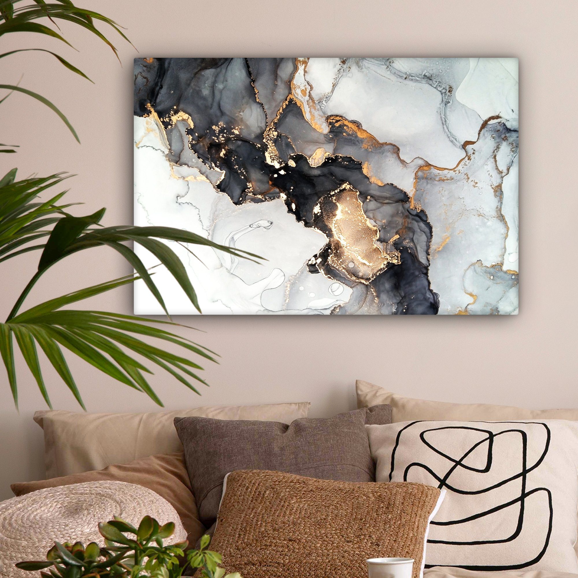 OneMillionCanvasses® Leinwandbild Marmor - Schwarz - Weiß - Gold - Luxus - Abstrakt, Fotodruck (1 St), Leinwände Wanddeko Wohnzimmer Schlafzimmer 60x40 cm