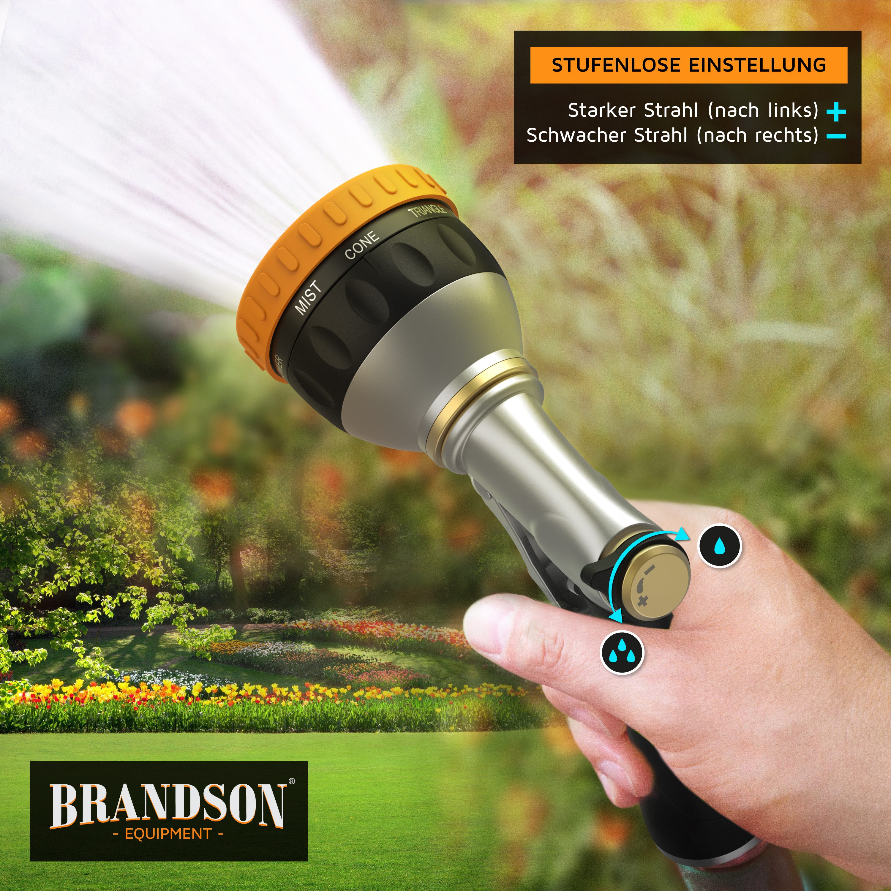 Brandson Multifunktionsbrause Garten Handbrause Metall, Gartenbrause, 8 Sprühmuster, Gartenpistole, (1-St), gummierter Griff, Wasserdurchfluss regelbar, Schnellkupplungsanschluss