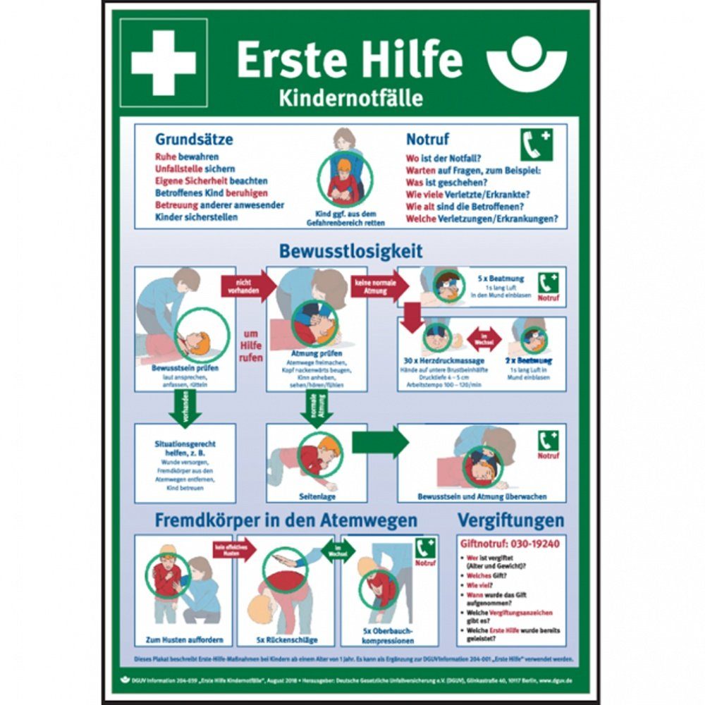 Hinweisschild Aushang, Erste Hilfe bei Kindernotfällen gem. DGUV Information 204-001