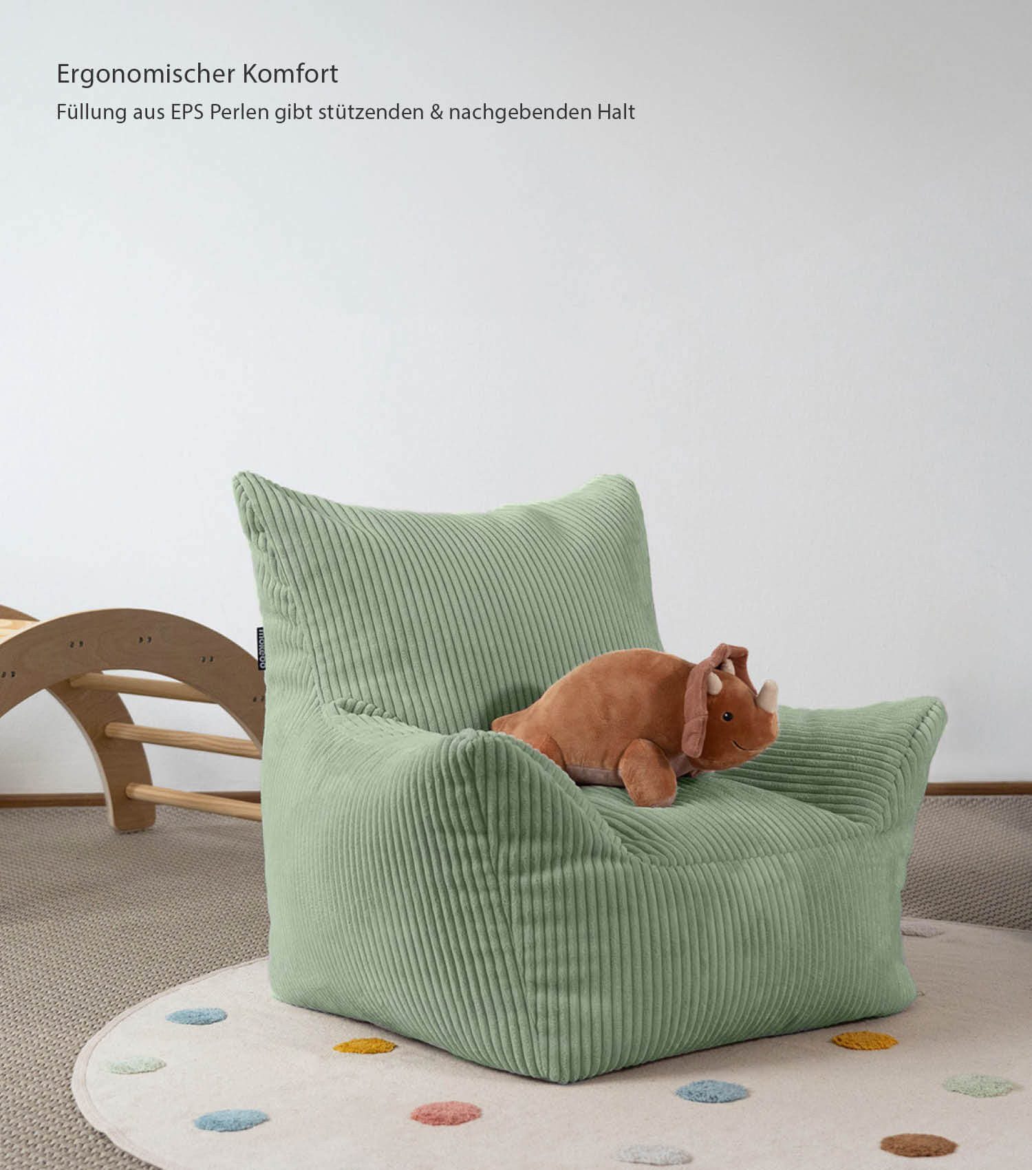 mokebo Kindersessel Der Pausenheld (aus Cord Stoff Grün), Made in Germany, Kinder Sitzsack, Cord, Lesesessel in Salbei Grün