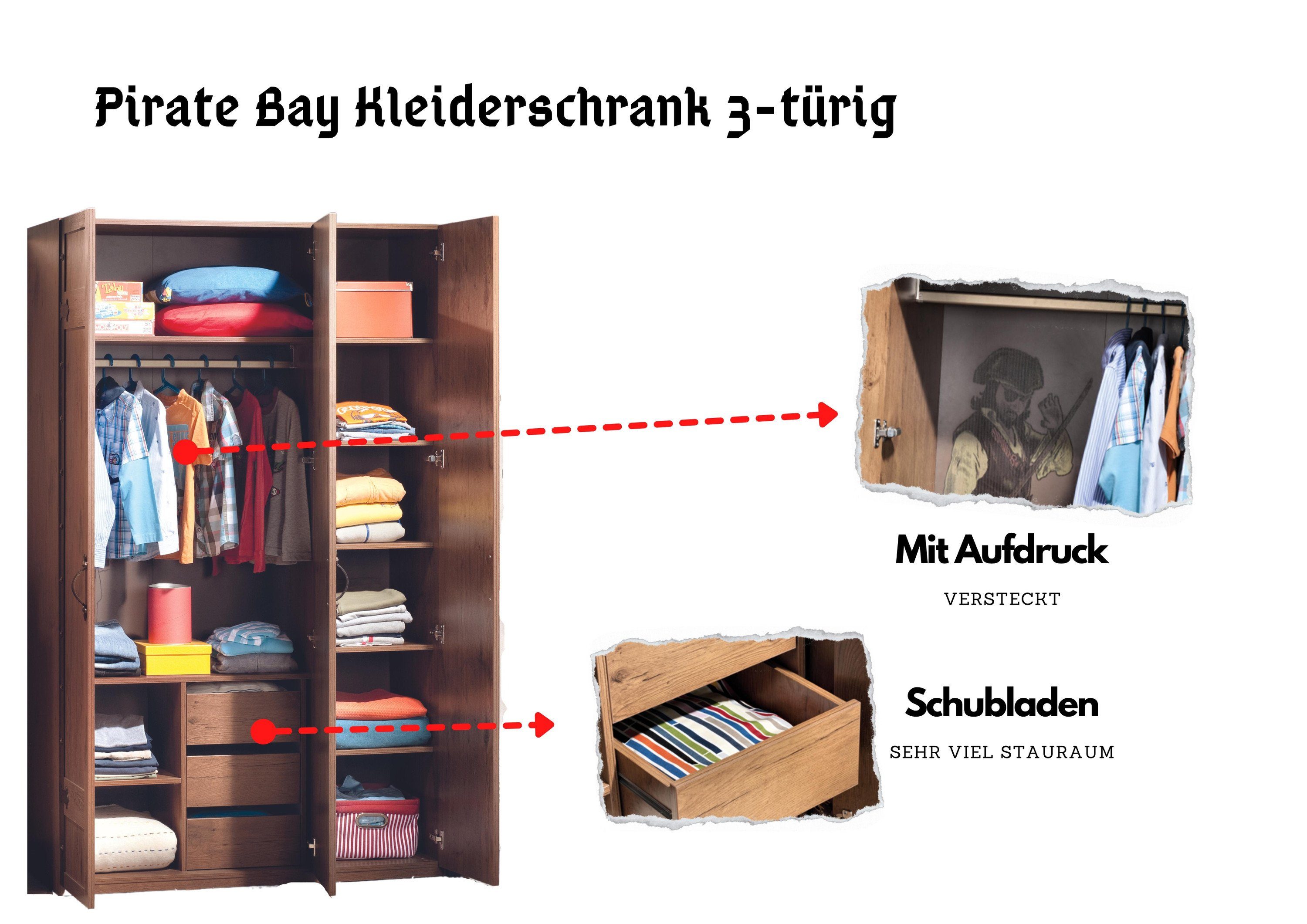 Bay Pirate drei Schubladen Aufdruck, 122 Breite Ablageböden, cm, Kleiderstange, Schubladen, Kleiderschrank 3 Cilek 10 mit mit