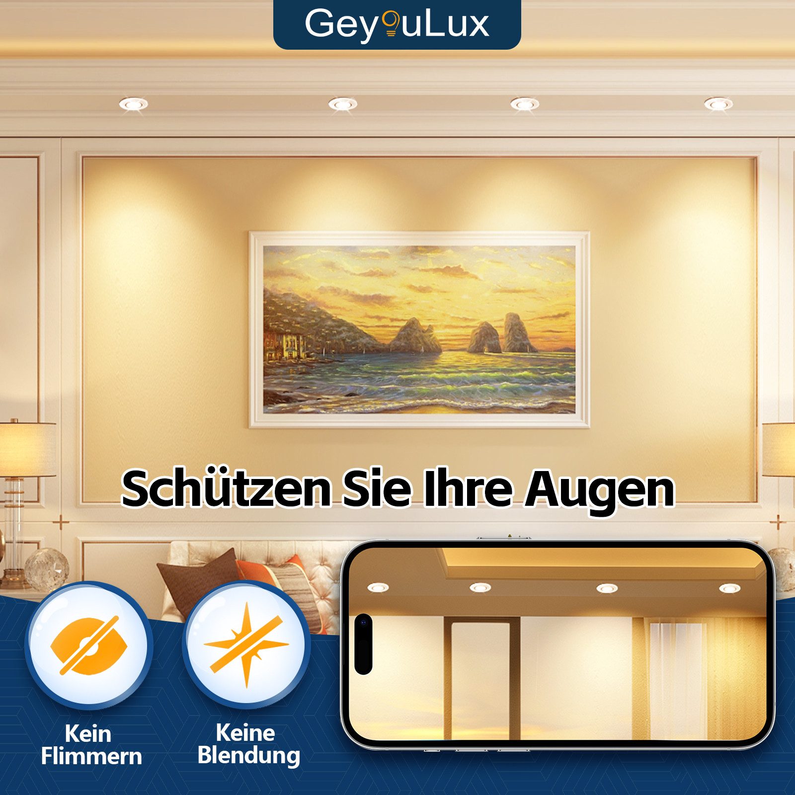 GeyouLux LED Einbaustrahler Dimmbar 68-80mm 4.9W Ultra Flach LED Spots, 45°Schwenkbar, warmweiß, neutralweiß, kaltweiß, Deckenspots, Einbauleuchten Küche Spots Deckenleuchte 6er Set
