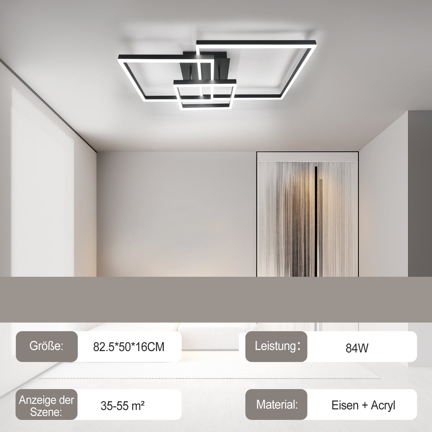 Nettlife Deckenleuchten Schwarz 84W Schlafzimmer Wohnzimmer integriert, für Dimmbar mit Neutralweiß, Küche LED Fernbedienung, fest Fernbedienung, Wohnzimmerlampe Flur mit Büro Warmweiß, Esszimmer Kaltweiß