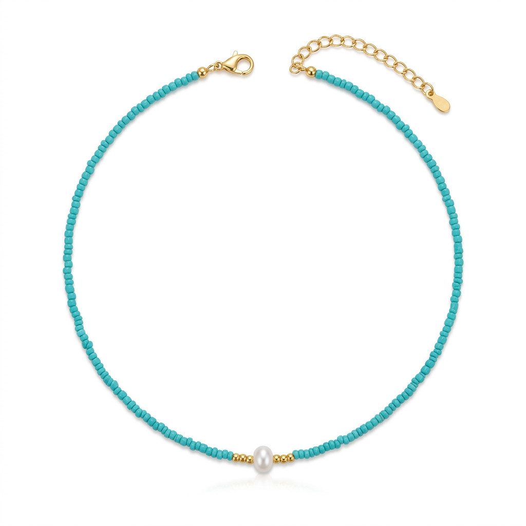 KARMA Perlenkette Halskette Damen Weiß od. Türkis 42 cm Kette (Karabinerverschluss, 1-tlg., verstellbar modern Damenhalskette), Zuchtperle Edelstahl vergoldet Perlen