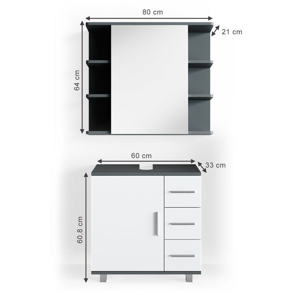 Vicco Badmöbel-Set Ilias, Weiß/Anthrazit, 2 Teile, (2-er Set, 2-St., 2er Set)