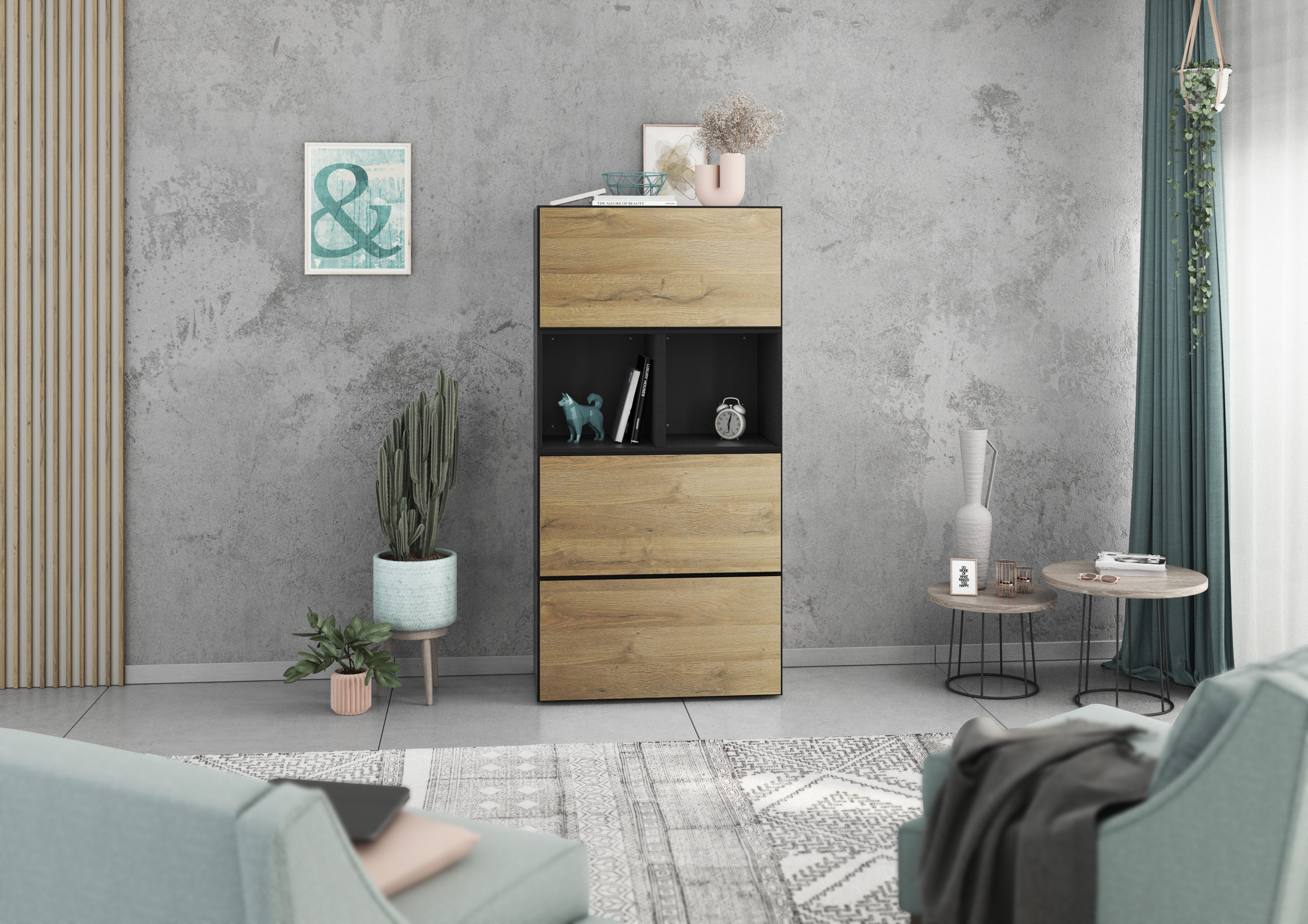 BMG Möbel Stauraumvitrine Modul+ (Highboard Set 5 tlg., besteht aus: 3x Schrank mit Klappenfunktion, 2x Regal) Schränke frei kombinierbar, wandhängend oder stehend