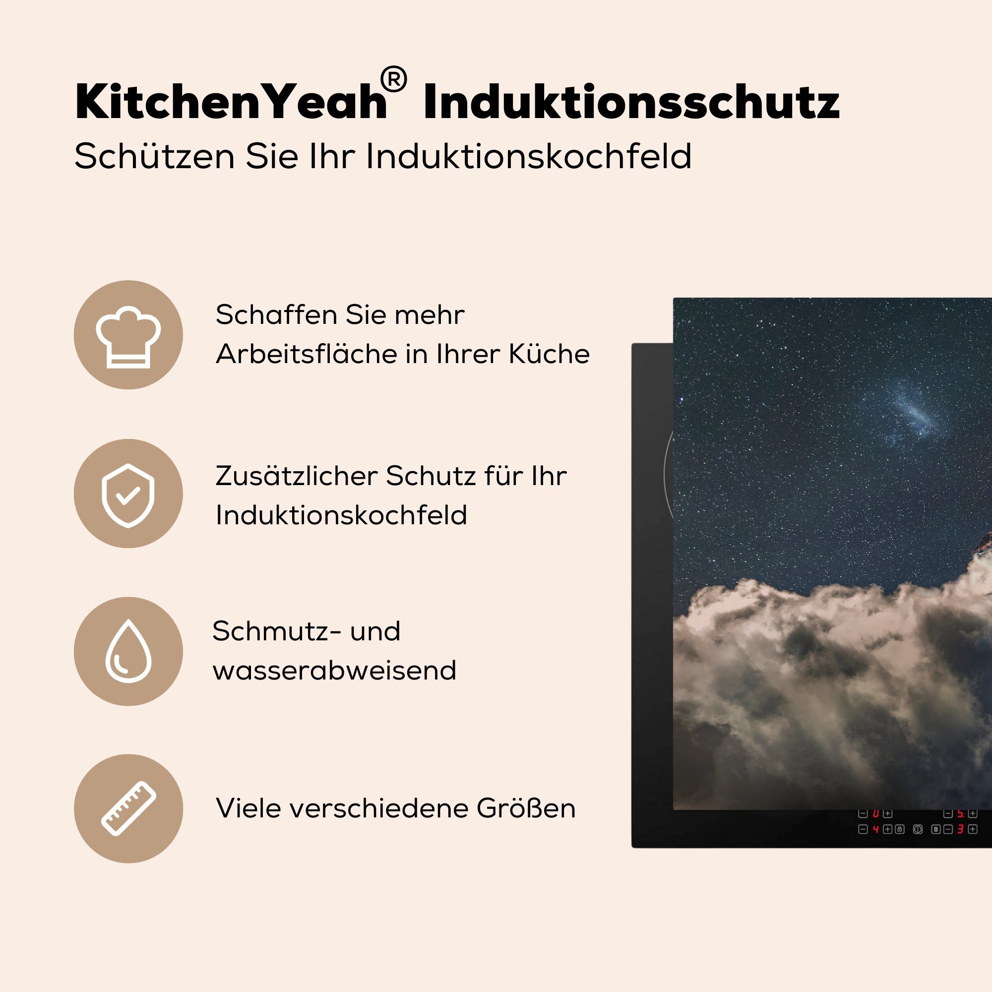 MuchoWow Herdblende-/Abdeckplatte Matterhorn Schutz Nachthimmel der, küche, (1 Niedrige der für die unter cm, tlg), von in Ceranfeldabdeckung in Nähe Wolke Induktionskochfeld Vinyl, 81x52