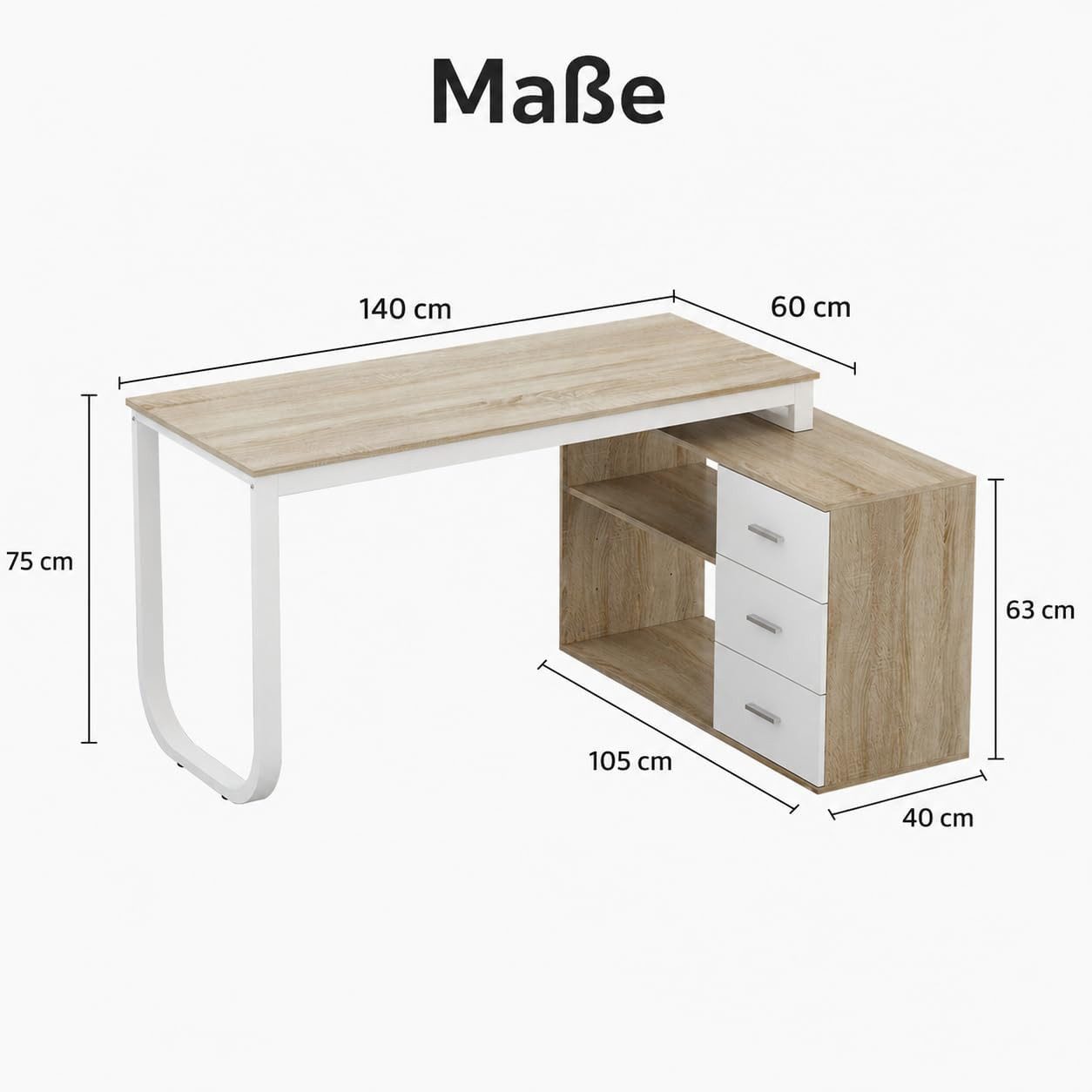 FUFU&GAGA Schreibtisch 80-160cm Computertisch Homeoffice, Weiß & Holz, LED