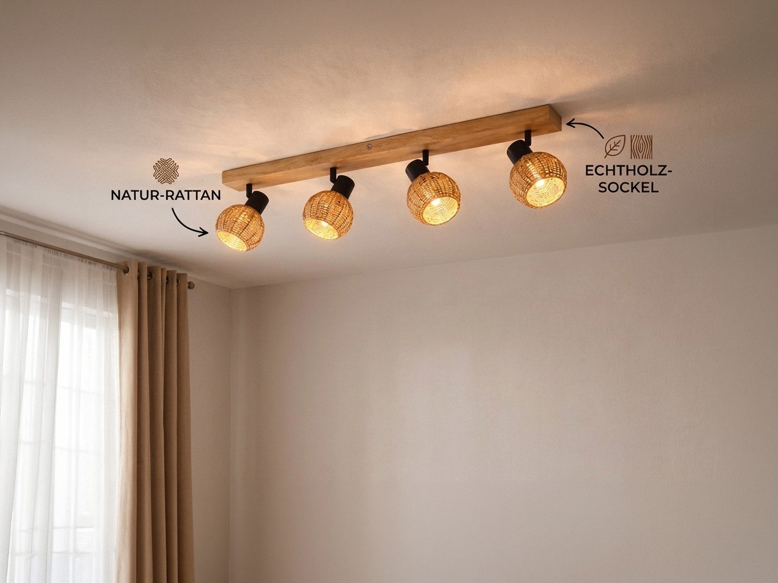meineWunschleuchte Deckenstrahler Rattan-Lampe mit Holz, Breite 70cm, ohne Leuchtmittel, Innen Deckenleuchte, Korblampe skandinavisch mit 4 Strahler, Holzlampe
