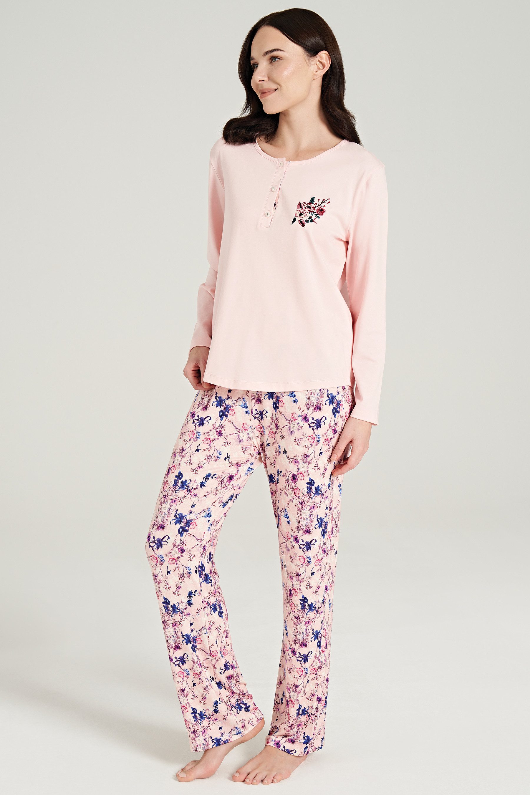 FEYZA Pyjama Damen Pyjama-Set mit Blumenmuster – Langarmshirt und Hose, 2-teilig