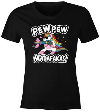 MoonWorks Print-Shirt Damen T-Shirt Pew Pew Madafakas böses Einhorn Regenbogen Unicorn Slim Fit Moonworks® mit Print