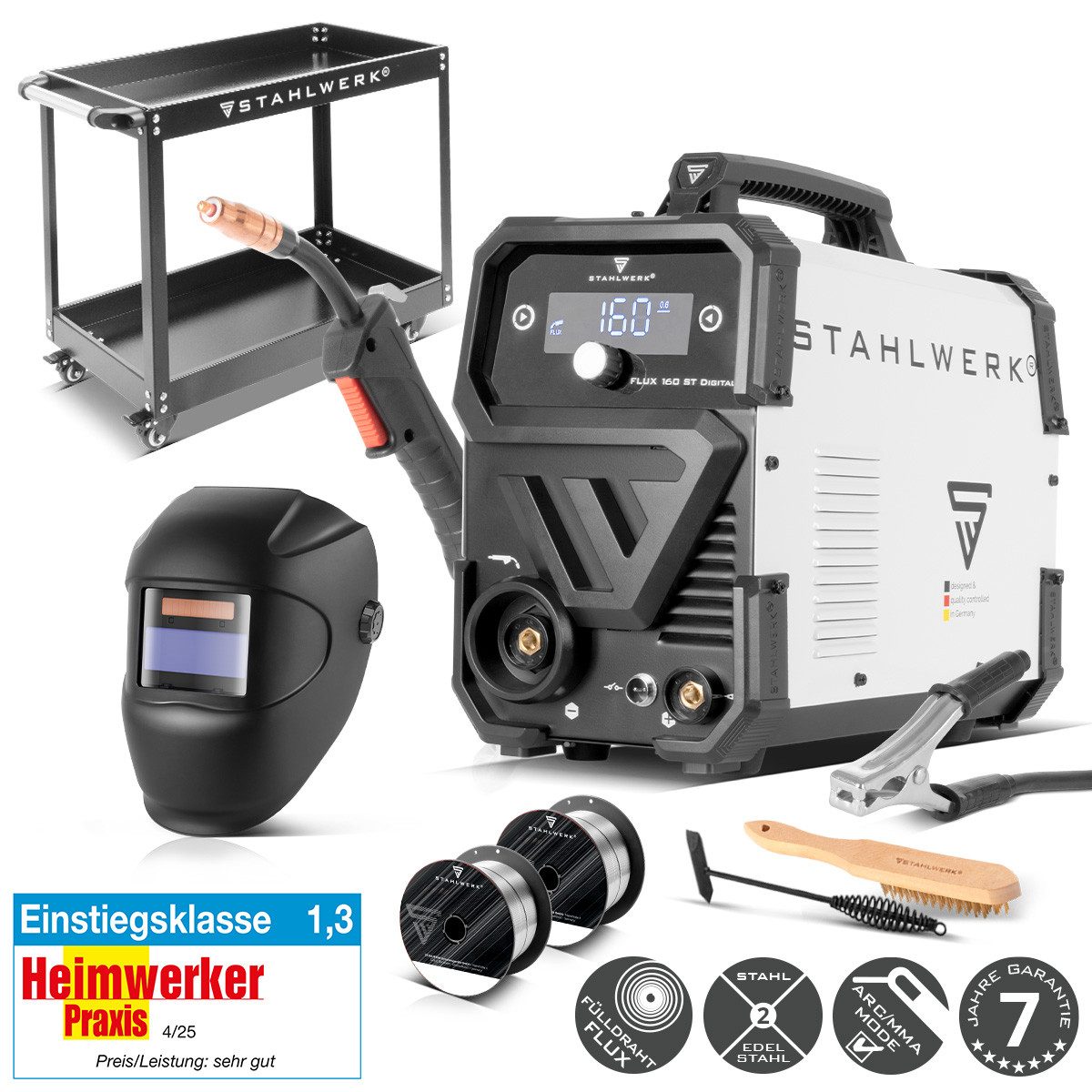 STAHLWERK Fülldrahtschweißgerät FLUX 160 ST Digital Vollausstattung Gerätewagen und Helm, 40 - 160 A, Packung, 1-tlg., Vollausstattung, synergischem Drahtvorschub
