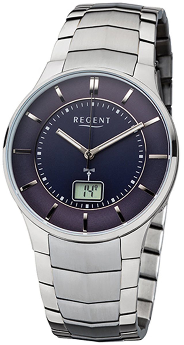 Regent Funkuhr Regent Herren-Armbanduhr silber rund, Funkuhr mittel (ca. 39mm), grau, Datumsanzeige Herren Edelstahlarmband