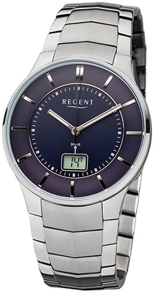 Regent Funkuhr Regent Herren-Armbanduhr silber grau, Herren Funkuhr rund,  mittel (ca. 39mm), Edelstahlarmband, Datumsanzeige