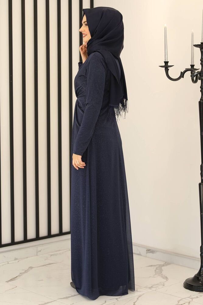 Abendkleid silbriger glänzender Abaya Stoff Blau Navy Kleid Hijab Abiye Damen Modest langärmliges Modavitrini Fashion Maxikleid
