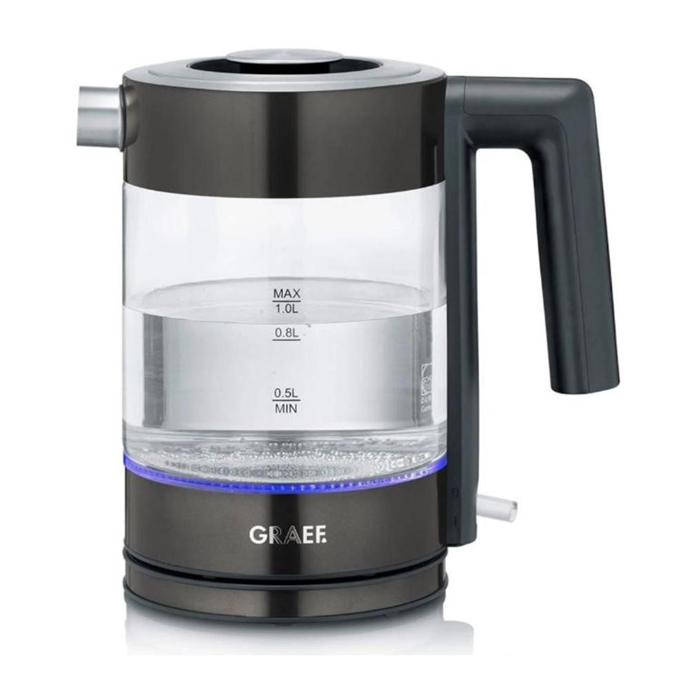 Graef Wasserkocher WK 302 Glaswasserkocher Edelstahl schwarz 1 Liter LED beleuchtet, 2000 W, Kalkfilter Trockengehschutz Überhitzungsschutz Abnehmbarer Deckel