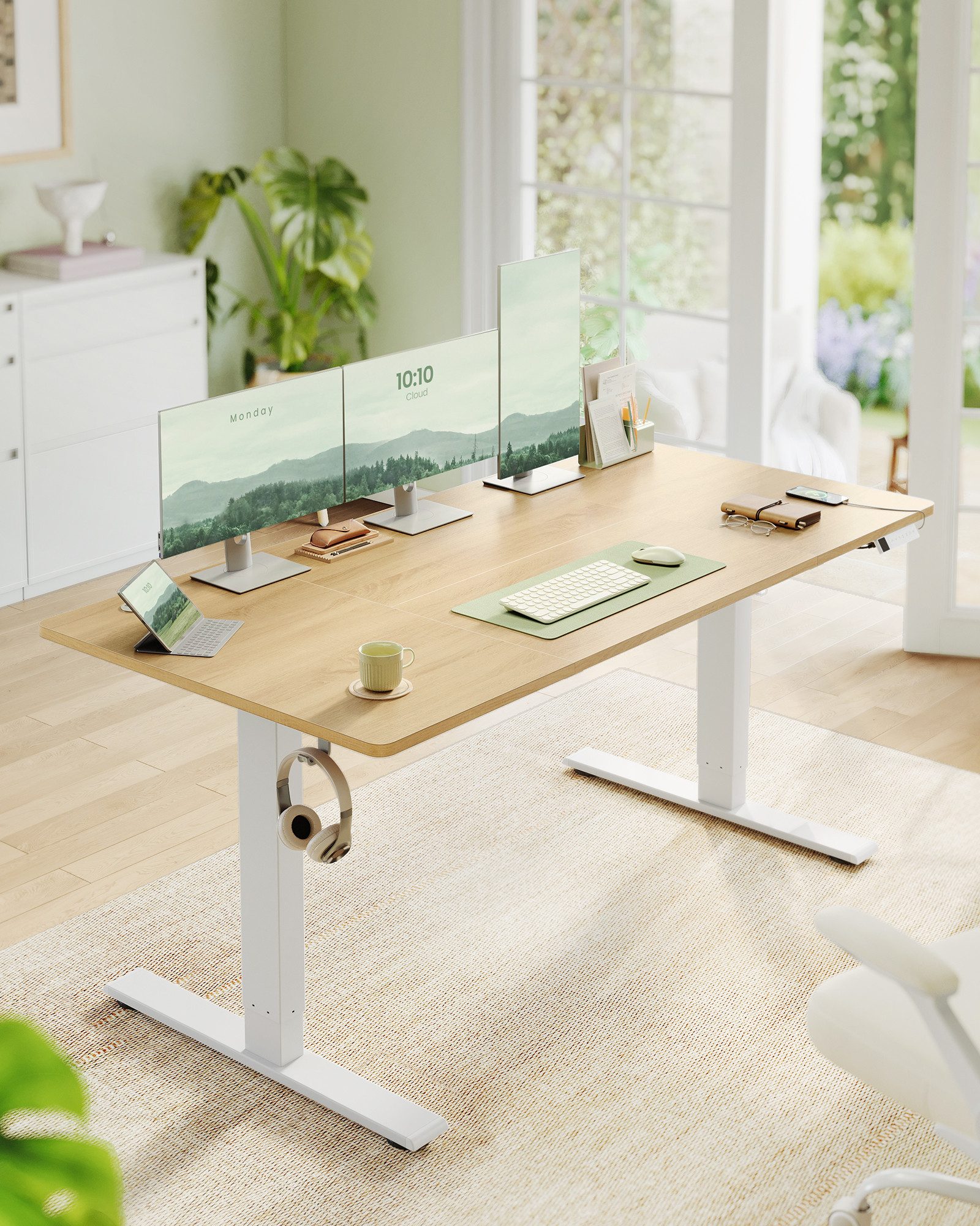 VASAGLE Schreibtisch Höhenverstellbarer, USB-C-Anschluss, Erinnerung bei langem Sitzen, Ablage für Steckdosenleiste, 3 Speichertasten, 140/160/180cm