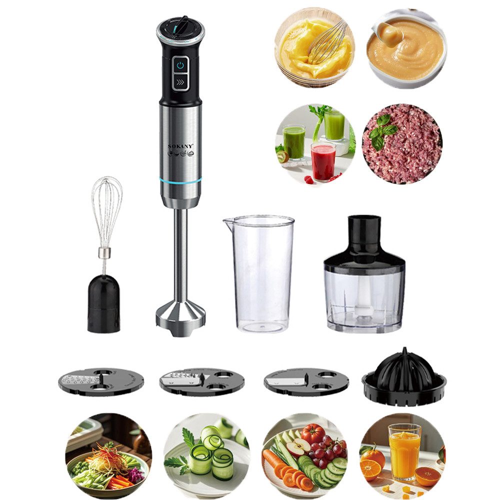 SOKANY Stabmixer Premium Set 8IN1 aus Edelstahl 1500W, Stufenlosreulierbar, 1500 W