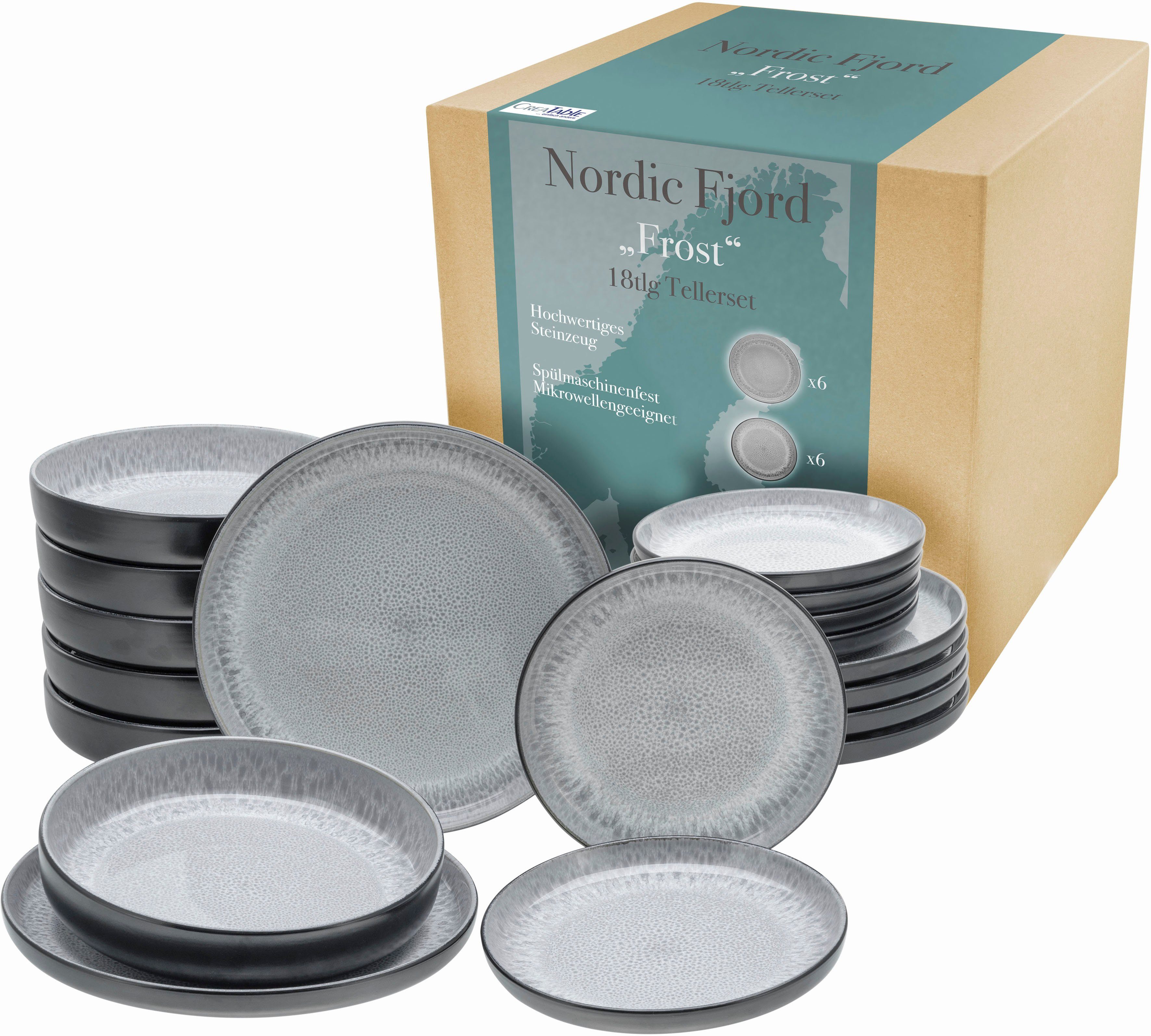 CreaTable Teller-Set Nordic Fjord 6 Personen, Suppenteller 19,5 cm, 6 je Speiseteller cm (18-tlg), cm, Dessertteller 26 Steinzeug, 22,5