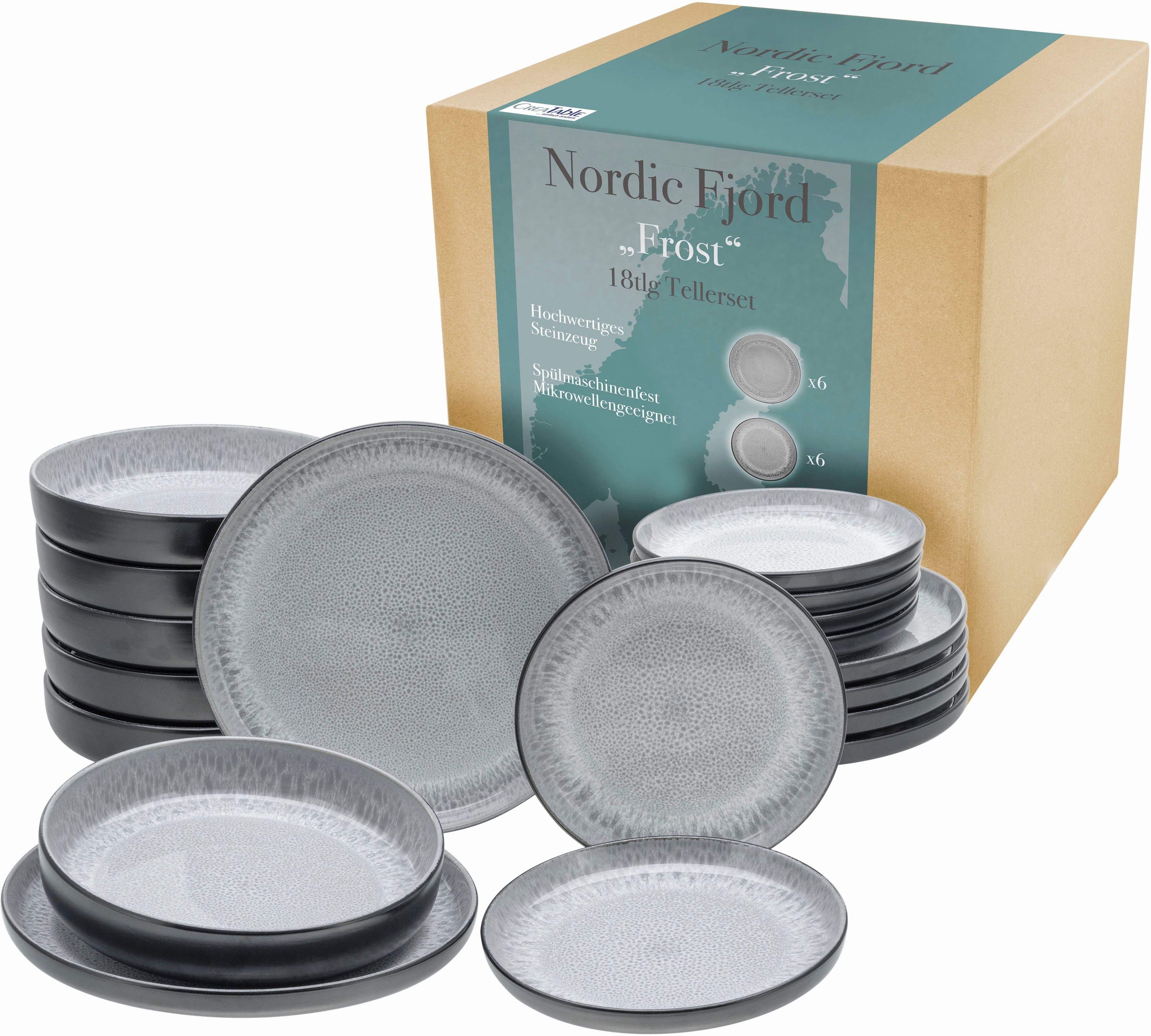 CreaTable Teller-Set Nordic Fjord (18-tlg), 6 Personen, Steinzeug, je 6 Speiseteller 26 cm, Suppenteller 22,5 cm, Dessertteller 19,5 cm