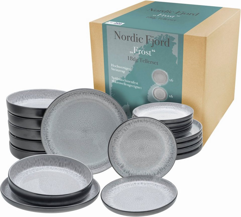 CreaTable Teller-Set Nordic Fjord (18-tlg), 6 Personen, Steinzeug, je 6  Speiseteller 26 cm, Suppenteller 22,5 cm, Dessertteller 19,5 cm