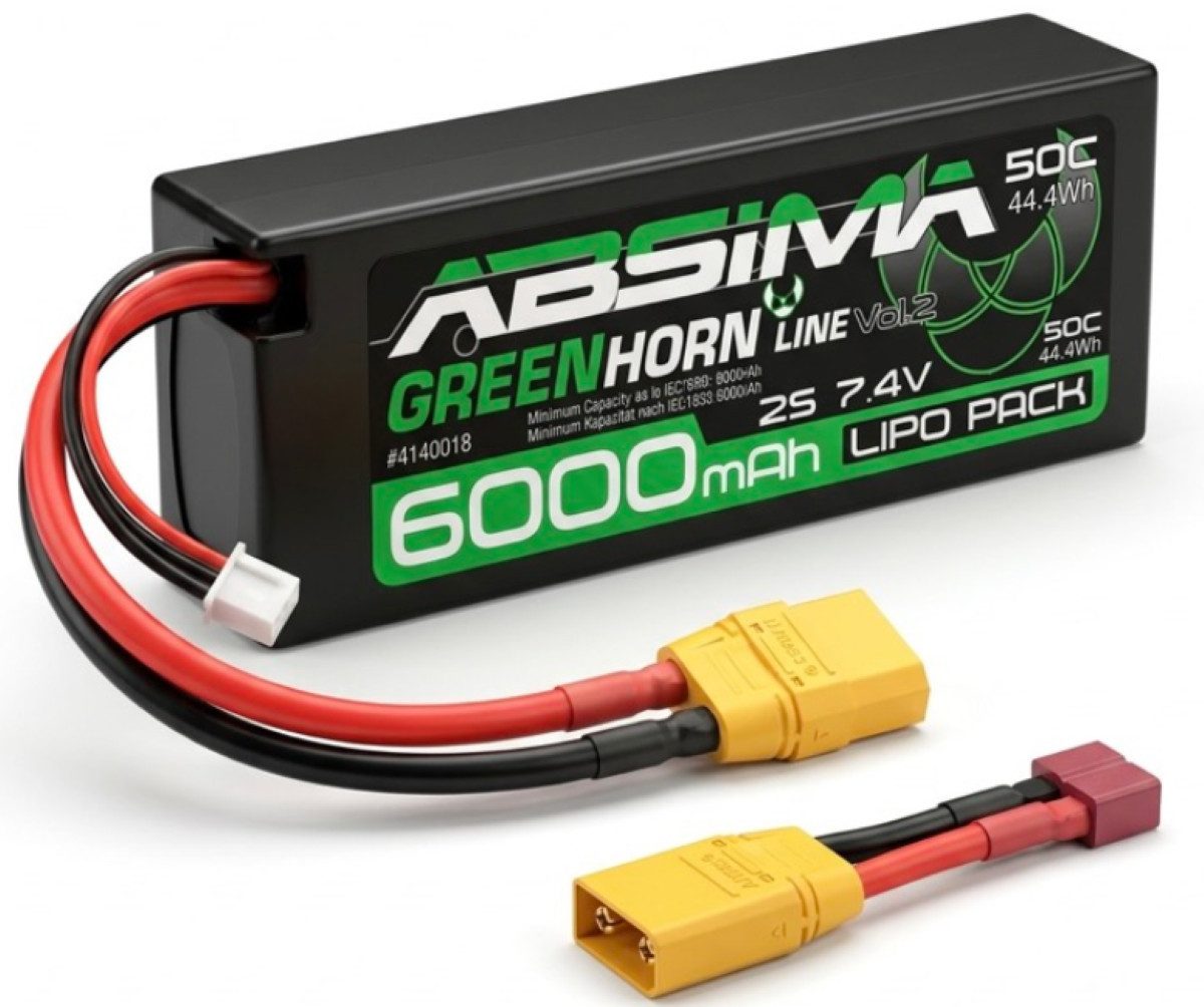 Absima 7.4V 2S 6000mAh LiPo-Akku Greenhorn (XT90/T-Plug) Hardcase 4140018 Akku für ferngesteuerte Autos 6000 mAh