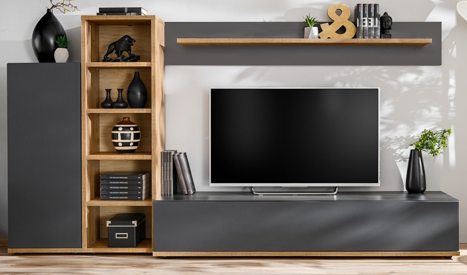 Inn.Furn Wohnwand Lester, (Schrankwand in Grau mit Wotan Eiche, 3-teilig, 240 x 130 cm), mit viel Stauraum und Push-To-Open