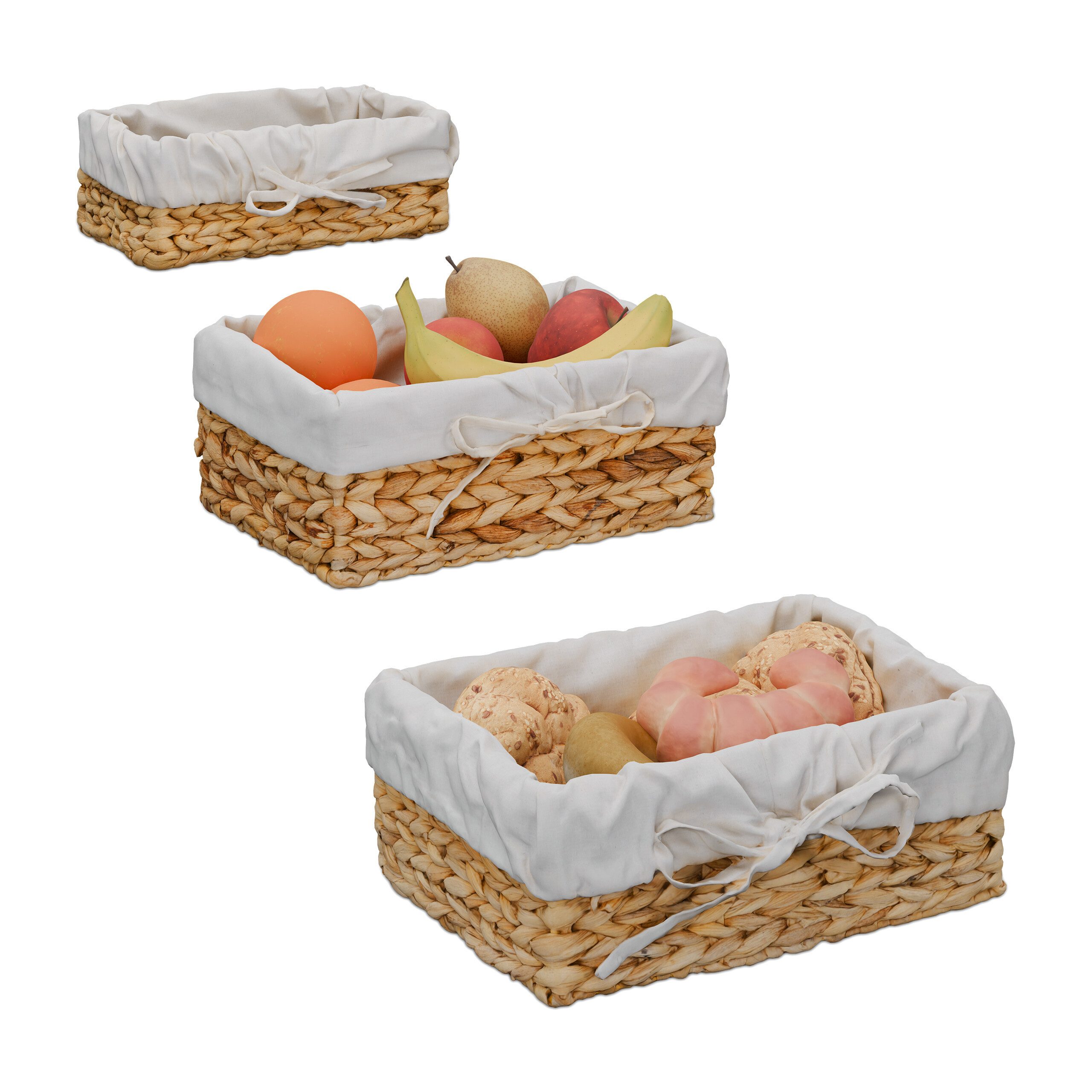 relaxdays Brotkorb 3er Set Brotkorb mit Baumwolleinsatz, Pflanzenfaser