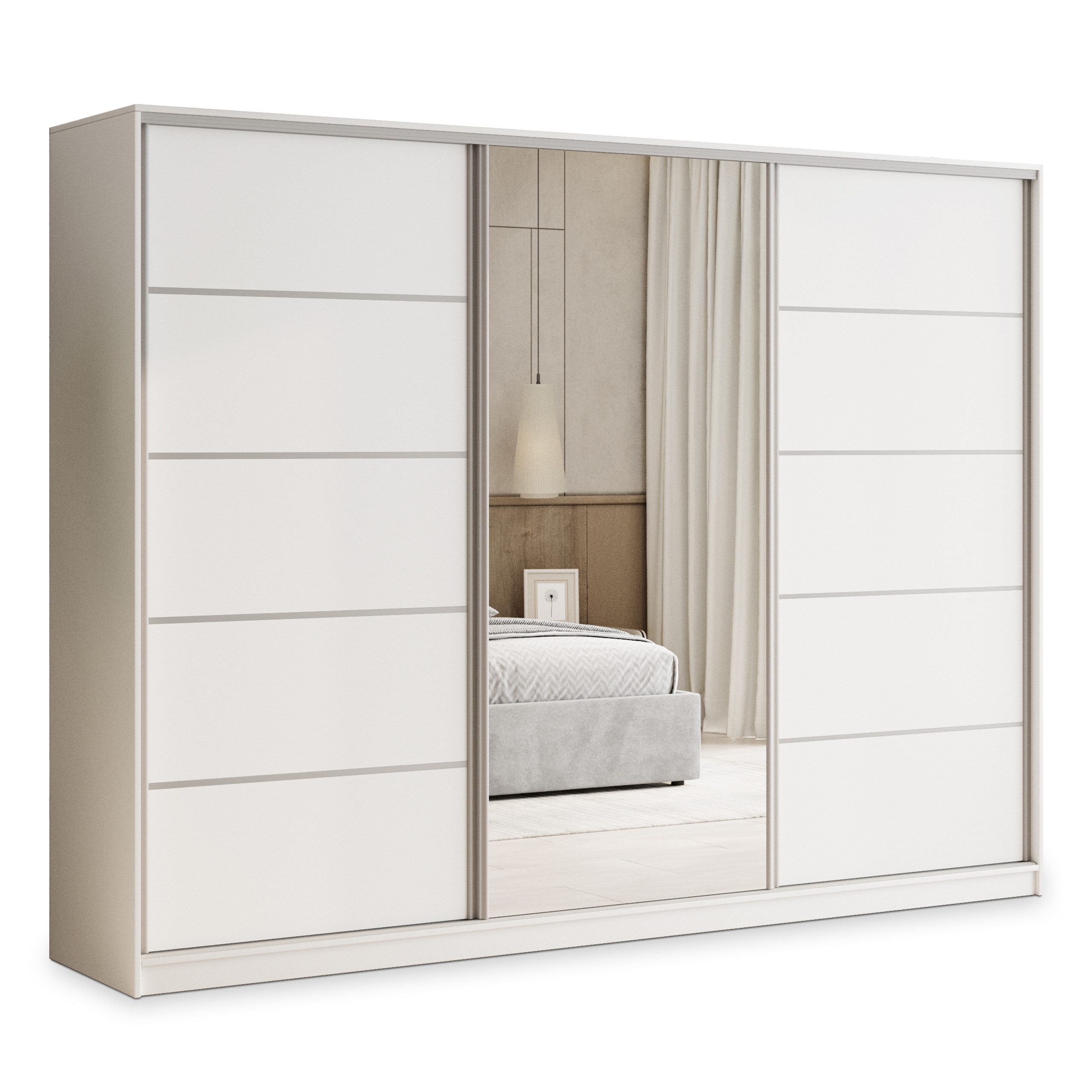 Masseno Schwebetürenschrank PINA 235 cm Kleiderschrank mit Spiegel 3 Türen und 4 Schubladen Weiß