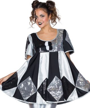 Karneval-Klamotten Clown-Kostüm Glitzer Pierrot Narren Kostüm Damen, Damenkostüm Clownstunika Kleid silber schwarz