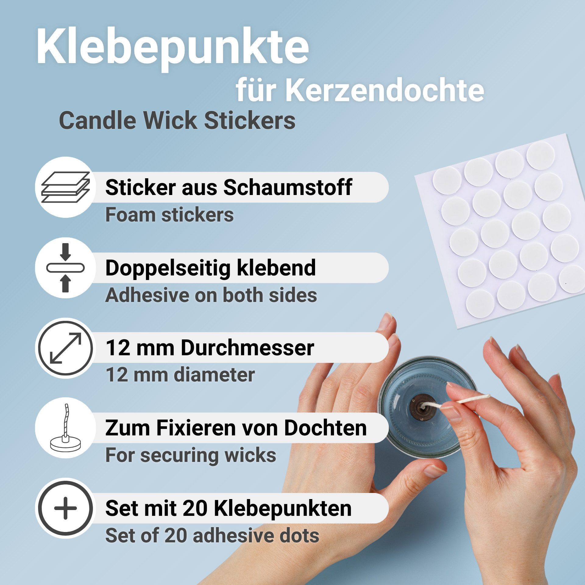 DistrEbution Spitzkerze 20 Klebepunkte für Kerzendochte – Doppelseitige Dochtaufkleber 12 mm, Universell einsetzbar