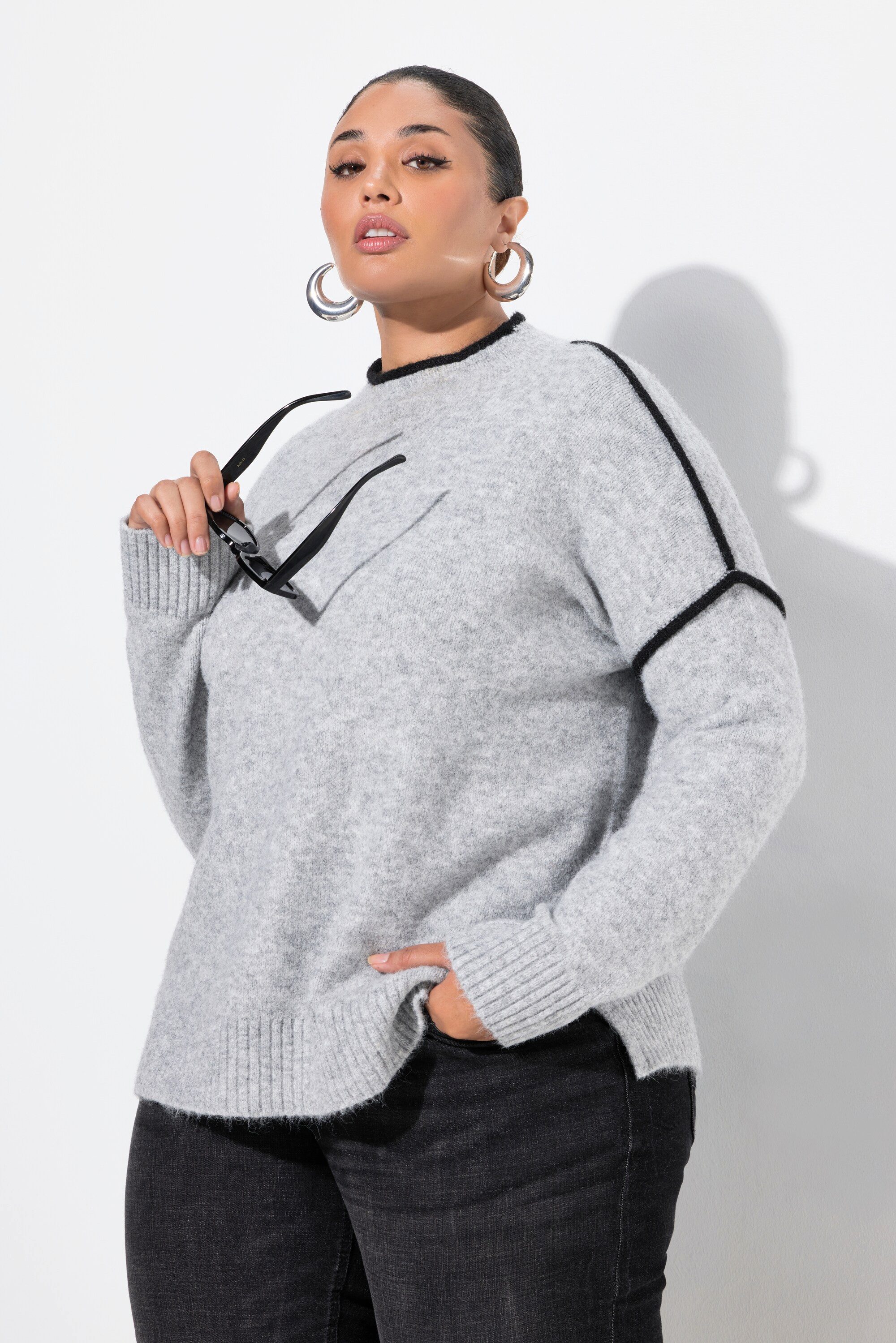 Ulla Popken Rollkragenpullover Pullover Zierstreifen Oversized Stehkragen Langarm