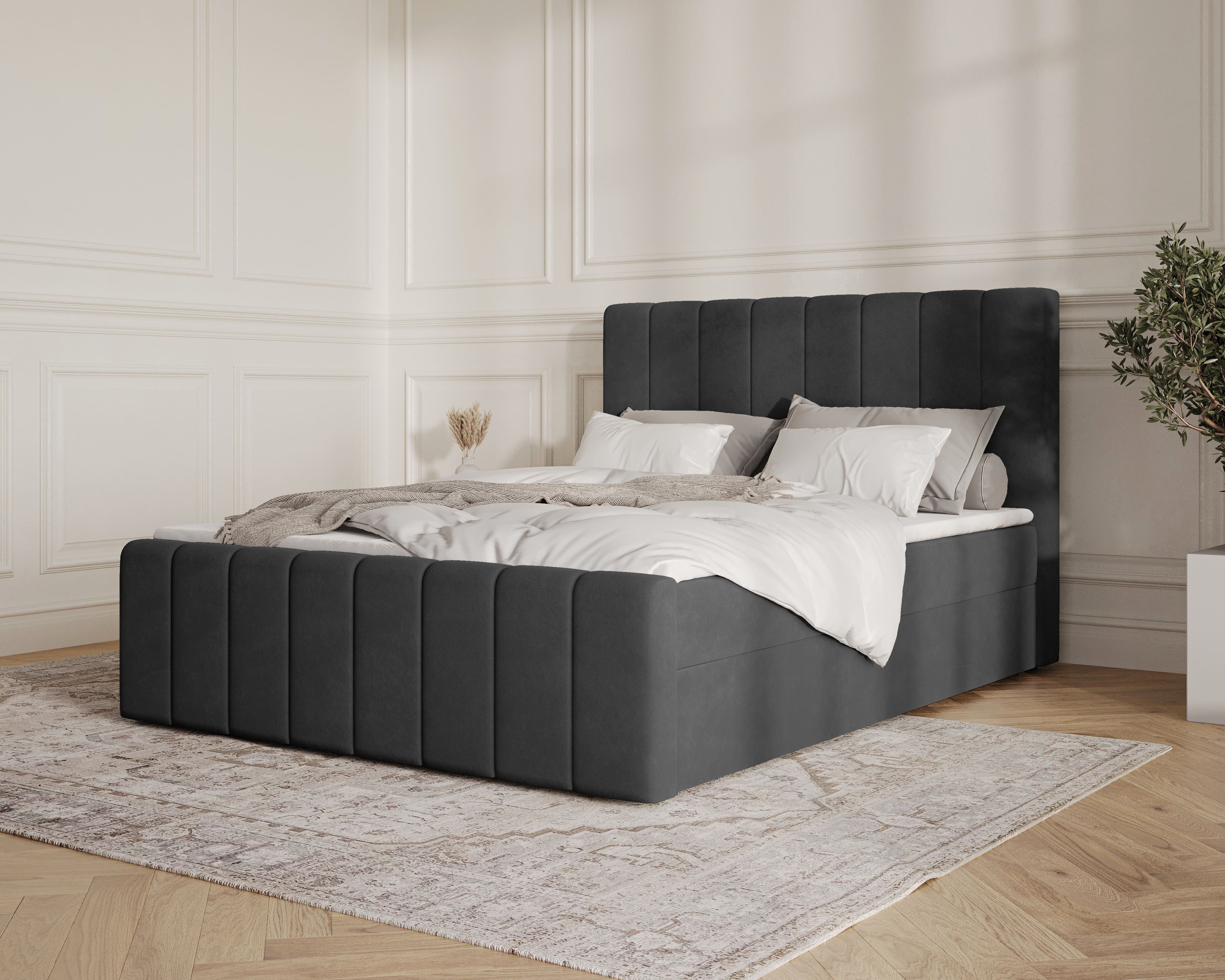 MOEBLO Boxbett BETT 01 BIS (Bonell, Topper, modernes Velours-Design mit Steppung & Stauraum, Doppelbett gepolstertes Kopfteil mit Bettkasten, aus Samt, Polsterbett Kontinentalbett, dekorativem Kopfteil, aus Samt), - (BxHxT):144/164/184x113x223 cm