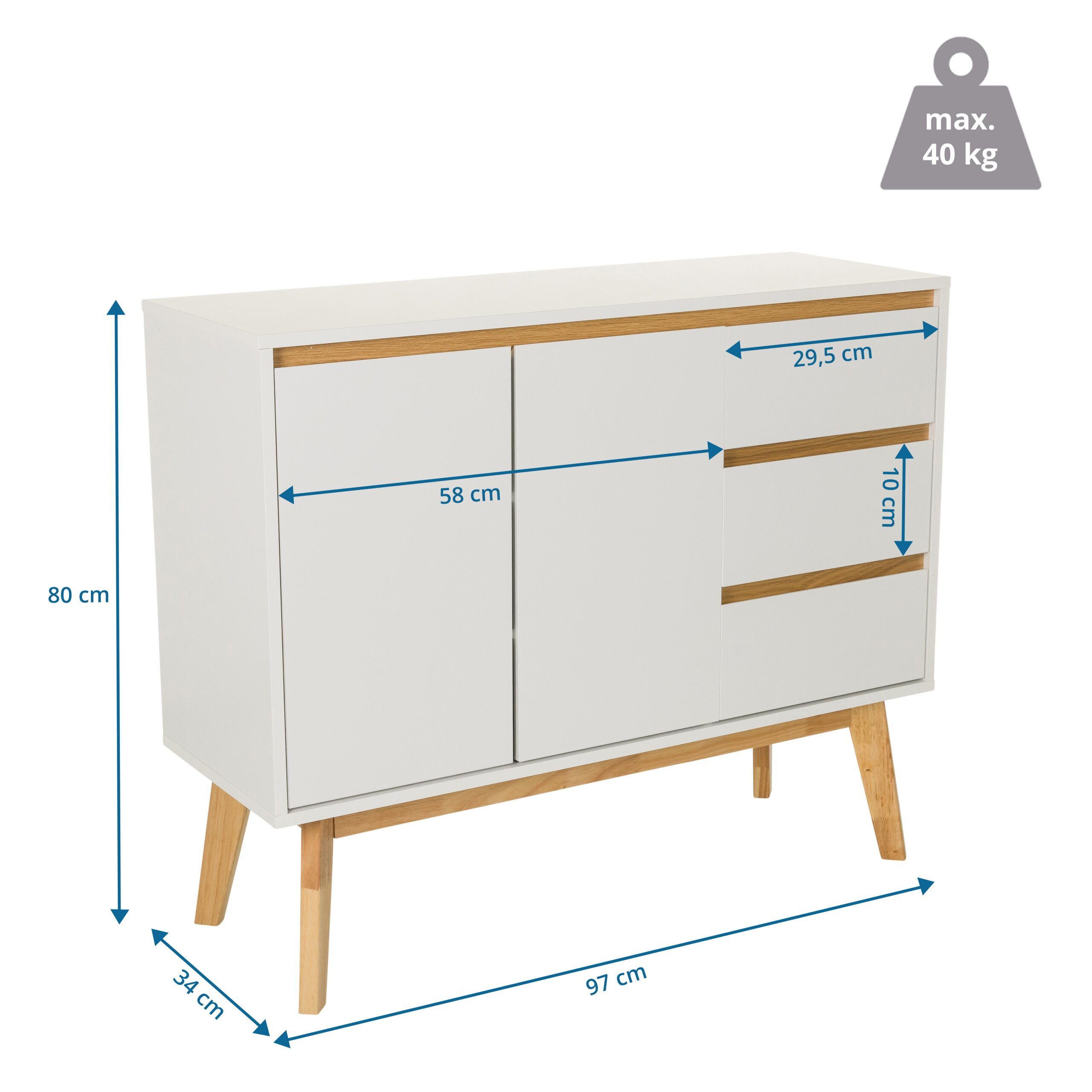 hjh LIVING Sideboard TAROLO I Kommode H/B/T: 80.0 x 97.0 x 34.0 cm, Kommode mit 3 Schubladen und 2 Türen, Soft-Close, Holzbeine, grifflos