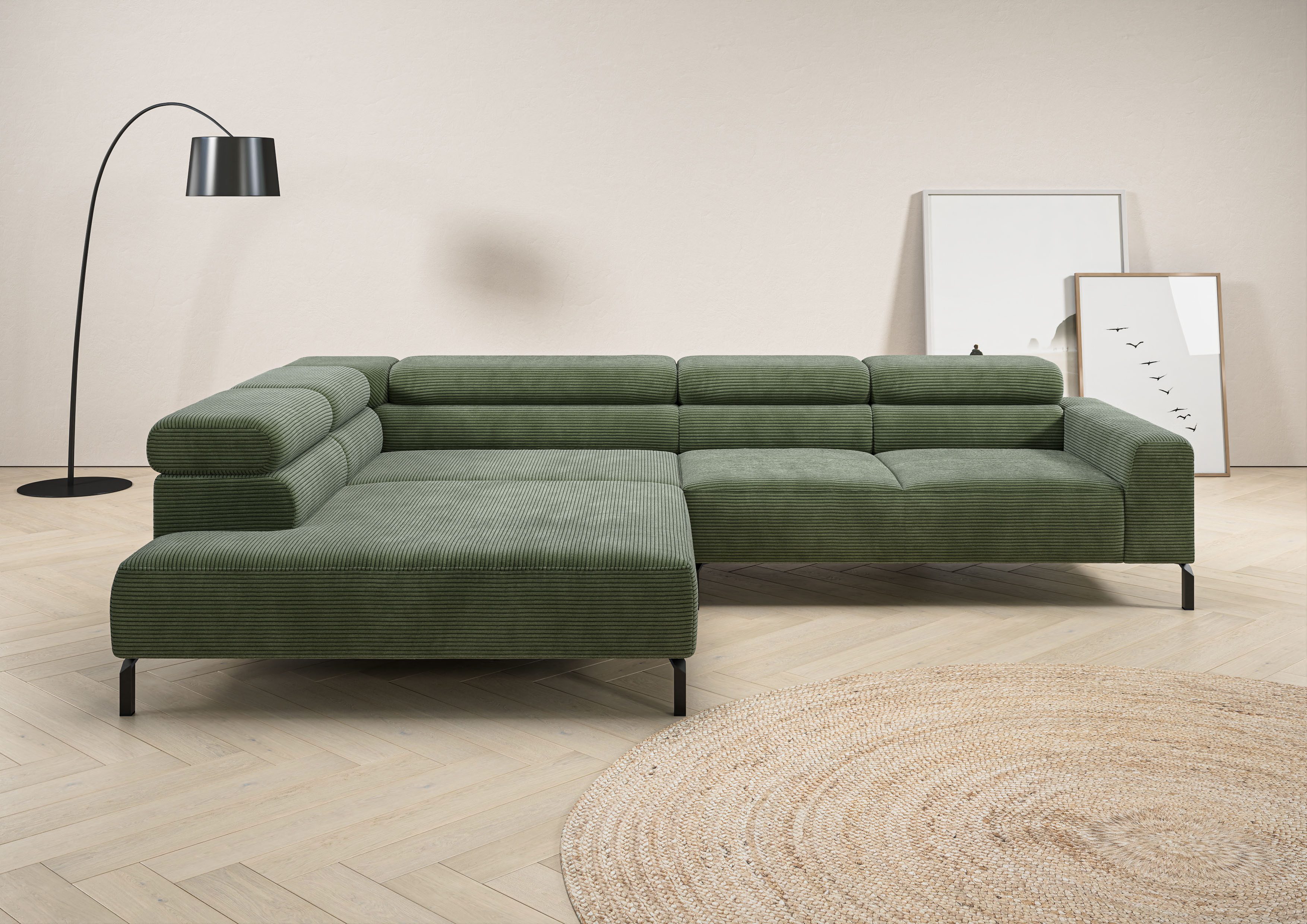 Home affaire Ecksofa Antonelli, L-Form, inkl. Kopfteilverstellung, Breite 312 cm, bequem, mit elektrischer Sitztiefenverstellung, in Cord, oliv
