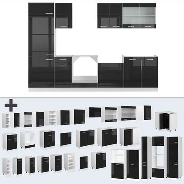 Livinity® Küchenzeile R-Line, Schwarz Hochglanz/Weiß, 300 cm, AP Eiche
