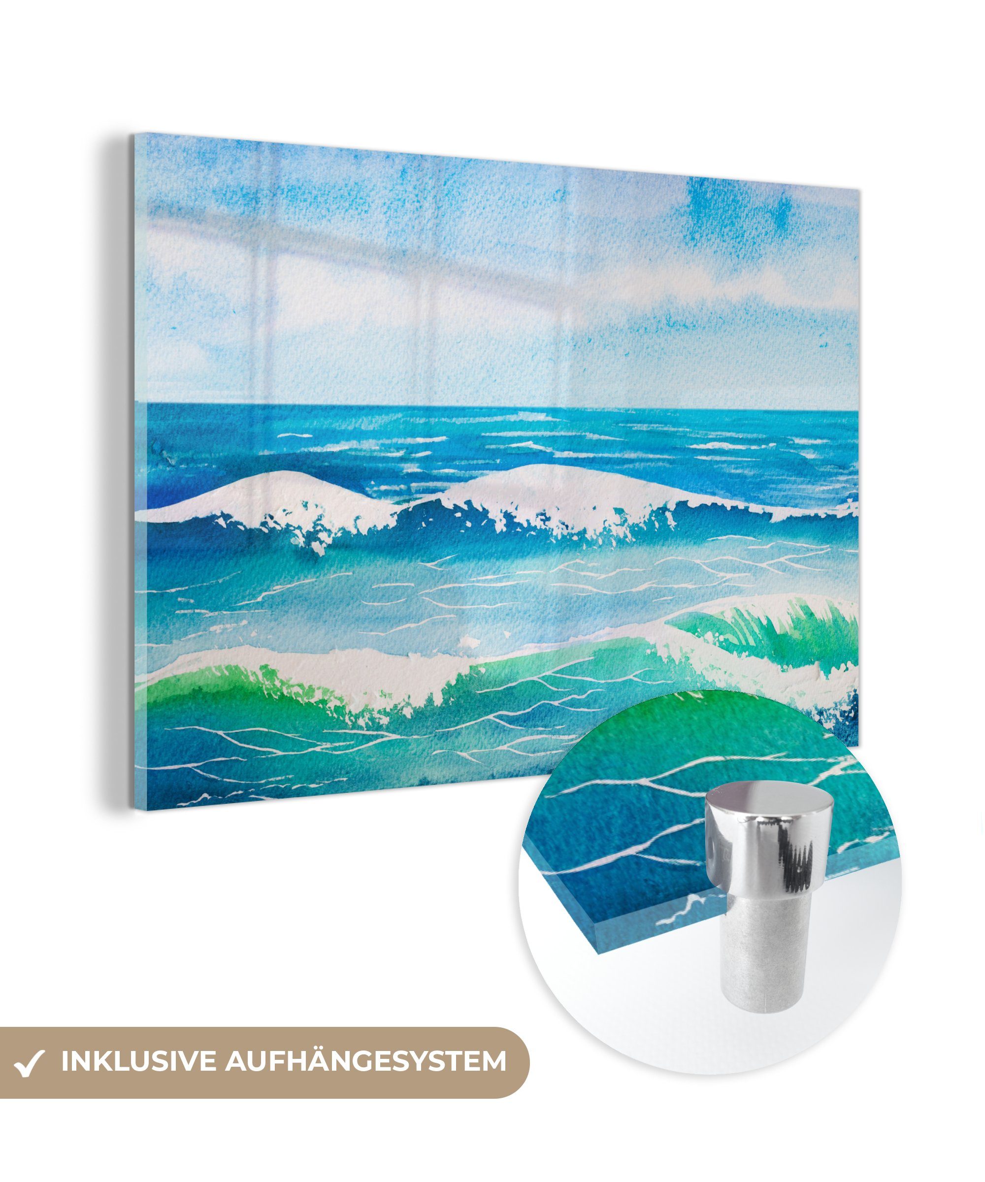 MuchoWow Acrylglasbild Aquarell - Golf - Meer, (1 St), Acrylglasbilder Wohnzimmer & Schlafzimmer