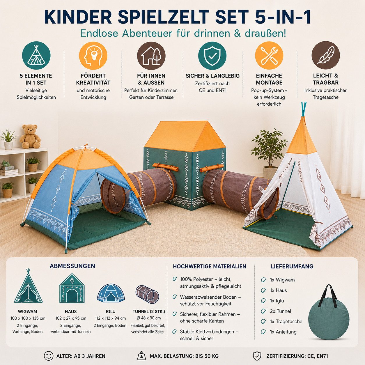 COIL Spielzelt Kinderspielzelt, Kinderzelt, Zelt für Kinder, Zelt, (5-tlg) Krabbeltunnel, Tipi, Teilhaus, Spielhaus, für Kinder ab 3 Jahren