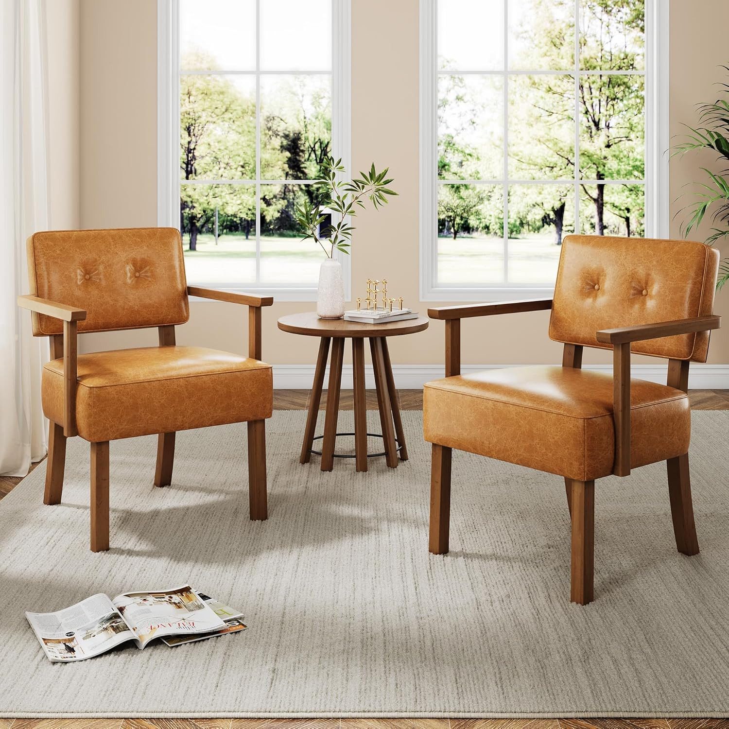 GarveeMore Relaxsessel 2er-Set mit Holzgestell,gepolsterter Lounge-Sessel mit PU-Lederbezug, akzentstuhl,Lesesessel,für Wohnzimmer,Schlafzimmer,Balkon