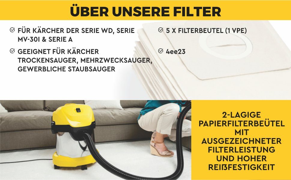 M&M Smartek Staubsaugerbeutel 10x / wie Kärcher MV3, Papier-Filter-Tüten SE4001, AXXXX, MV-Serie, für Filterleistung, 69591300, passend WD-Serie, Kärcher hohe 10 6.959-130.0 St., Reißfestigkeit hervorragender A-Serie, für Nass-/Trockensauger WD3